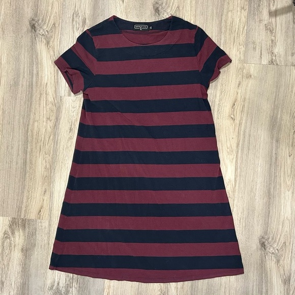 Duffield Lane Navy Burgundy Stripe Short Sleeve Pullover Shirt Midi Dress Size L - Picture 1 of 6